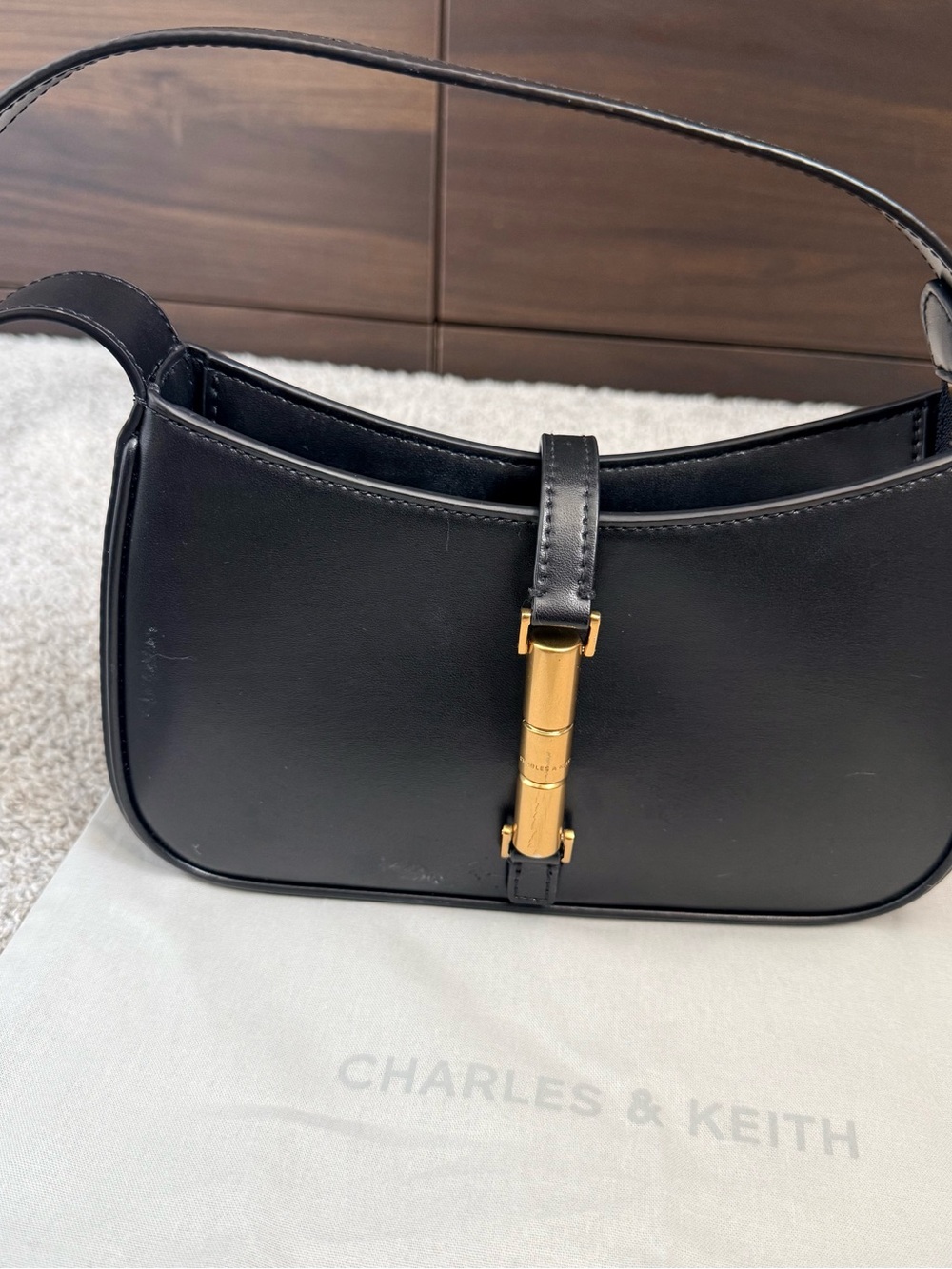 Charles & Keith Black Shoulder Bag with Gold Bamboo Accent